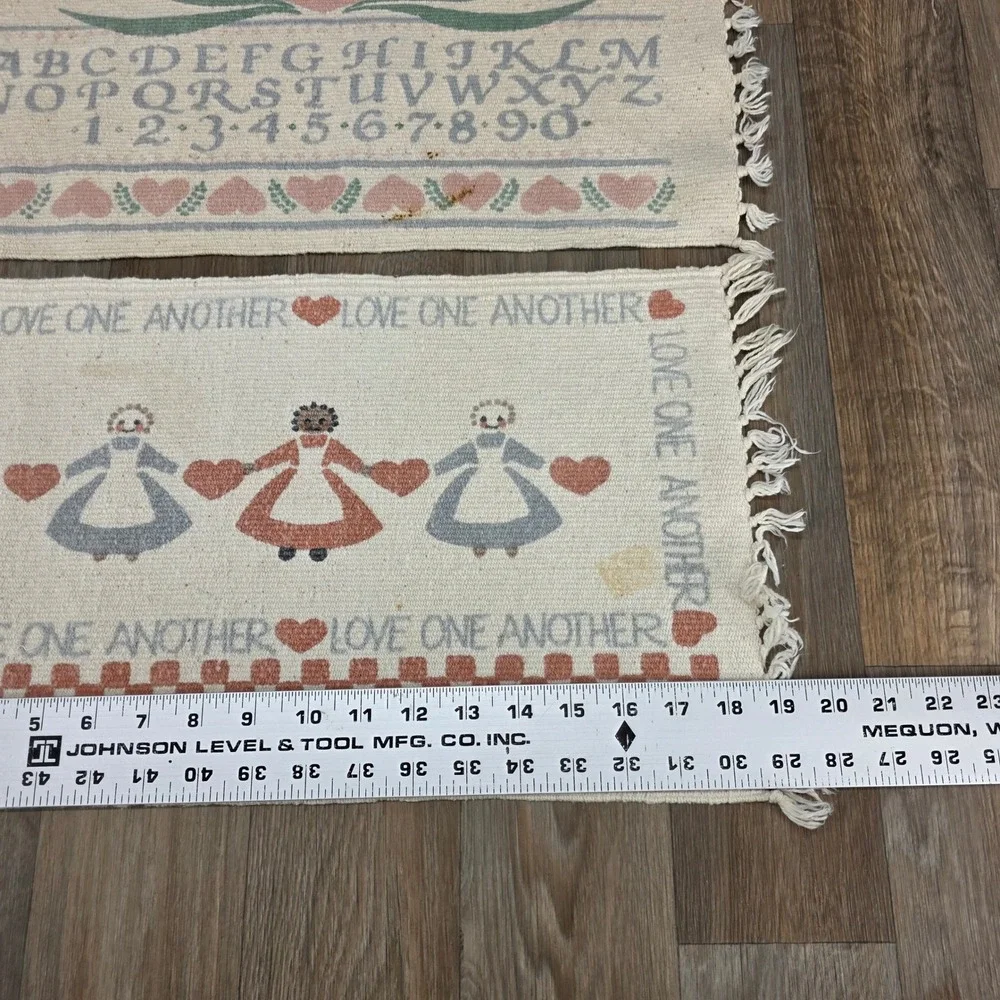 Vintage‎ Country Folk Art Woven Placemats Set 4 Saltbox House Heart Sampler Blue